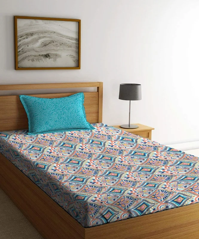 Dusk & Dawn Tune Blue Single Bedsheet With 1 Pillow Cover 144Tc, 100% Cotton, Geometric, Blue