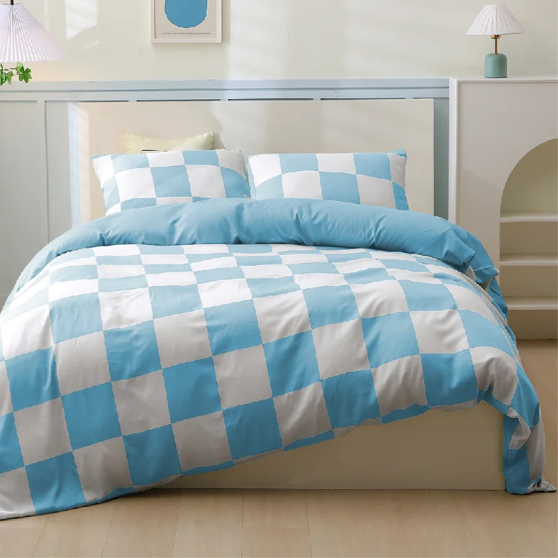 Organic Bamboo Check Quilt Cover Set - Light Blue - Super King