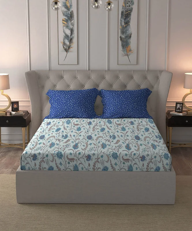 Dusk & Dawn King Bedsheet Set,144 TC, 100% Cotton, Coromandel Blue