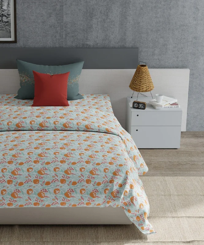 Everyday Hyacinth Orange Queen Bedsheet With 2 Pillow Cover, 120 TC, 100% Cotton, Floral, Orange